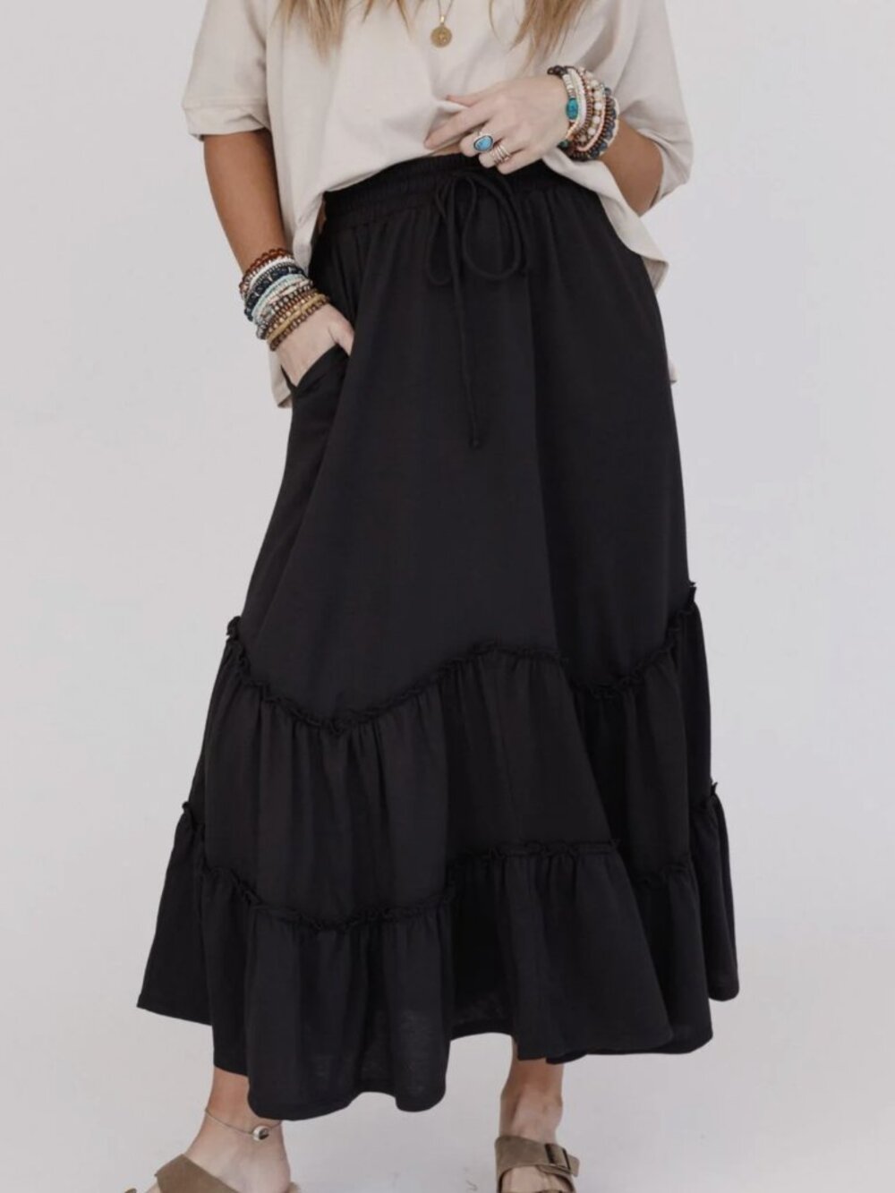 Three Bird Nest Bunches Of Love Black Tiered Long Maxi Skirt